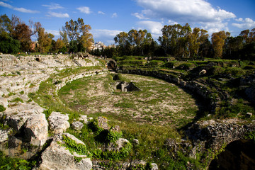 Fototapeta na wymiar Italy Sicily Syracuse , 05 May 2019: Archaeological Park of Neapolis, Roman amphitheater 