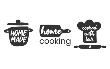 Set of hand drawn simple kitchen phrases - homemade,with love, home cooking, cooked with love. Badges, labels and logo elements, retro symbols for bakery shop, cooking club, cafe, or home cooking