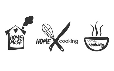 Set of hand drawn simple kitchen phrases - homemade,with love, home cooking, cooked with love. Badges, labels and logo elements, retro symbols for bakery shop, cooking club, cafe, or home cooking.