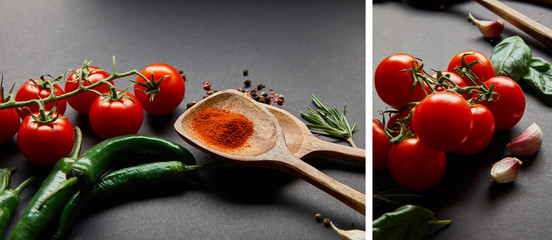 collage of red cherry tomatoes, rosemary, peppercorns, basil leaves, wooden spoons with paprika powder and green chili peppers on black