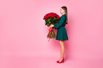 Full size profile photo of attractive lady model hold large one hundred roses bunch smelling amazing aroma wear green mini dress high-heels isolated pastel pink color background