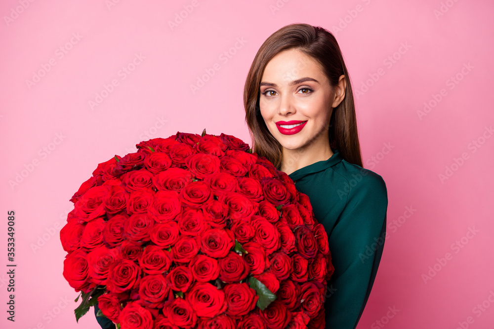 Poster photo of charming lady red bright lipstick enjoy large hundred roses bouquet boyfriend 8 march prese