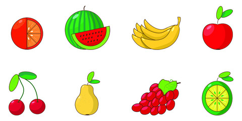 Set of ripe fruits isolated on a white background. Watermelon, orange, bananas, apple, cherry, pear, grape, lime. Vector. EPS10.