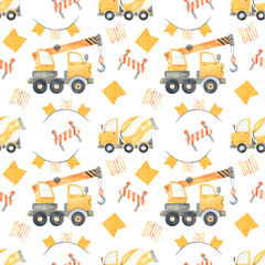 Fototapeta na wymiar Construction Trucks and tractors seamless pattern, construction background. Funny construction equipment, machinery, vehicles, road and road signs. Road cone, truck crane, concrete mixer