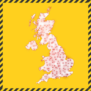 United Kingdom closed - virus danger sign. Lock down country icon. Black striped border around map with virus spread concept. Vector illustration.