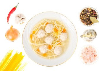 Broth with noodles and meat balls. Photo