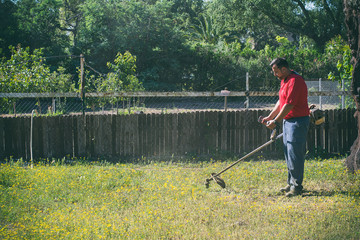 Obraz na płótnie Canvas Man mowing the lawn in his garden. Gardener cutting the grass. Lifestyle.