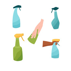 Spray bottles sanitiser set with hand and cloth vector illustration