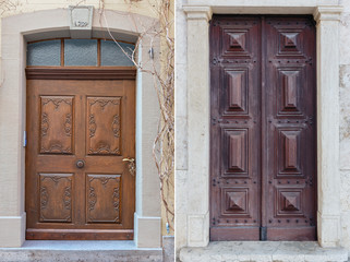 two wooden doors with beautiful decorative wooden trim in the historical part of various European cities