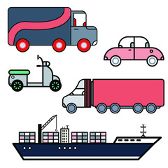 Collection set of transports type isolated on white background. Transportable vehicle in cartoon style. Car, truck, motorcycle moped, tractor trailer, container ship. Various transportation.