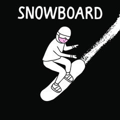 Winter sport vector illustration drawn by hand. An young man's snowboarding and  leaving a mark on black background. Doodle art. Design for poster, banner, decoration for sport shop, snowboard school