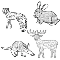 stock Vector illustration with collection set of wild animals. Isolated on white. Black and white doodle drawing. Cute creatures drawn by hand. Fun childish design for print, shirt, mug.