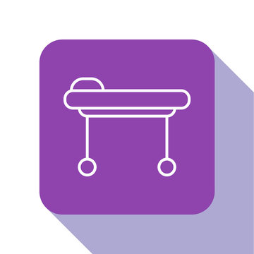 recommend clip art: White line Stretcher icon isolated on white background. Patient hospital medical stretcher. Purple square button. Vector Illustration