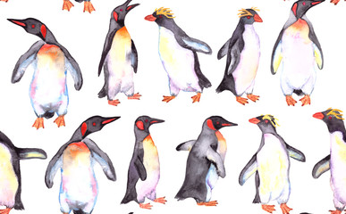 Penguins watercolor seamless pattern on white   background for wallpaper and baby textile