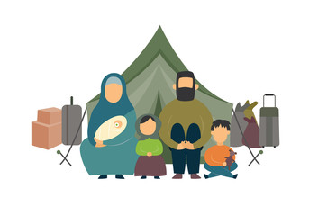 Homeless family of parents and kids sitting near luggage and tent in a refugee camp.
