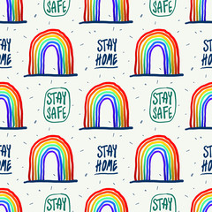 Stay home, stay safe rainbow color pattern vector illustration for posters, flyers, cards, stickers, and professional design. Seamless repeat pattern design for fabric.
