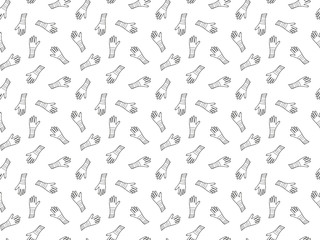 Seamless pattern of black outline gloves on a white background. Women's accessory, hand clothes decorated with stripes and waves. Trendy doodles and design elements. Endless texture. Vector.