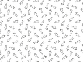 Fototapeta premium Seamless pattern of black outline gloves on a white background. Women's accessory, hand clothes decorated with stripes and waves. Trendy doodles and design elements. Endless texture. Vector.