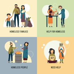 Help for homeless banners set with hungry beggars flat vector illustration.