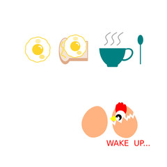 set of breakfast and fresh egg and newborn chick in egg shell	
