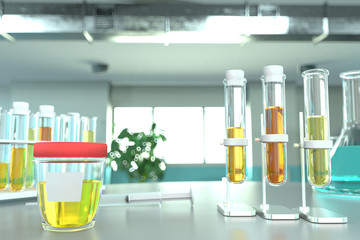 lab test tubes in modern science facility - urine quality test for nitrite or infection, medical 3D illustration