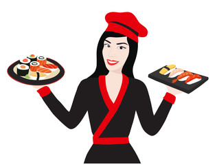 Woman sushi chef holding Japanese sushi food vector illustration 