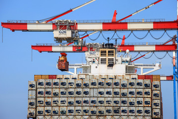 Large Container ship loaded with stacks of refrigerated containers.
