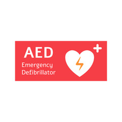 Automated external defibrillator red banner with white heart.