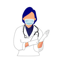 A young woman medical doctor in a protective surgical mask fixing her latex glove. Illustration vector 