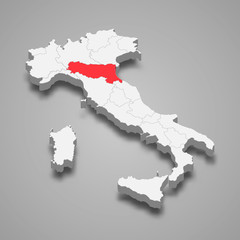 emilia-romagna region location within Italy 3d map Template for your design