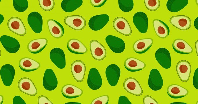 Seamless pattern with avocado hand drawn on a light green background. Loop animation 4K