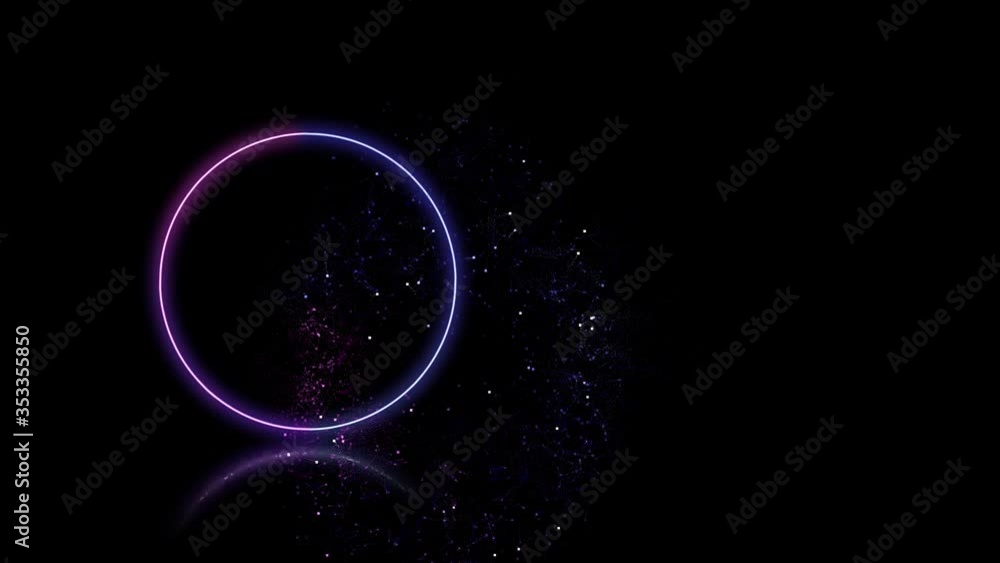 Poster neon circle rotating and sparkling on the black background.