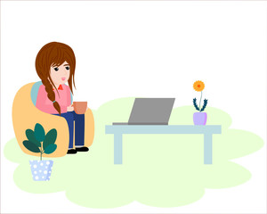 vector character of happy girl sit on couch work from home looking at laptop on table and coffee in hand in cozy room