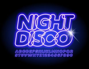 Vector glowing poster Night Disco. Violet Neon Font. Electric Alphabet Letters and Numbers