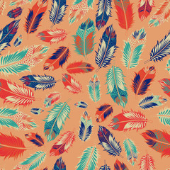 scattered feathers Pattern. Boho  Vector seamless repeat pattern. perfect on fabrics, wallpaper, home decor products, and rugs or as art prints - 353356476