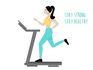 Young woman running on treadmill in gym fitness vector illustration. Stay strong stay healthy concept background