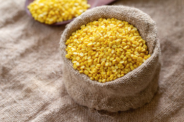 Soybean seeds in hemp sacks One of many ingredients for cooking Mung bean peeled peeled