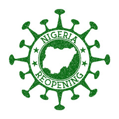 Nigeria reopening stamp. Green round badge of country with map of Nigeria. Country opening after lockdown. Vector illustration.