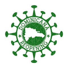 Dominicana reopening stamp. Green round badge of country with map of Dominicana. Country opening after lockdown. Vector illustration.