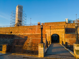 The King Gate (Kralj Kapija) of Kalemegdan fortress and the Victor (pobednik) under reconstruction,...