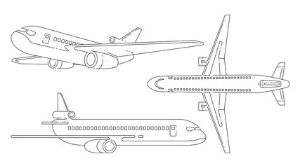 Aircraft lineart black and white vector set.