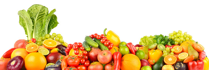 Panorama of fresh vegetables and fruits isolated on white. Side view.