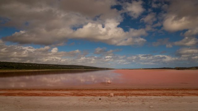 4k time lapse of clouds moving over the beautiful Pink Lake in Kalbarri, Western Australia