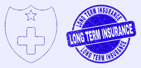 Geometric medical shield mosaic pictogram and Long Term Insurance seal. Blue vector rounded distress seal stamp with Long Term Insurance title. Abstract mosaic of medical shield organized of round,