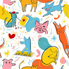 Seamless vector pattern with cute color cats and dogs in different poses and emotions