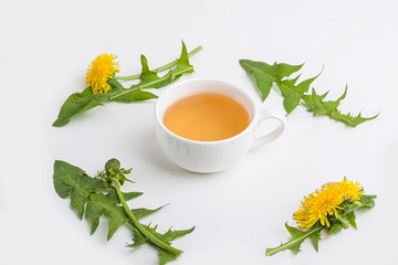 Cup of purifying, diuretic tea of dandelion with fresh leaves and flowers on a white background. Fresh spring organic herbal, green drink. Flat lay Copy space for text.