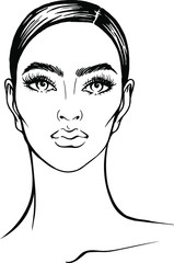 Vector hand drawn face of young beautiful woman. Linear sketch for coloring book , face chart, glamour beauty design.