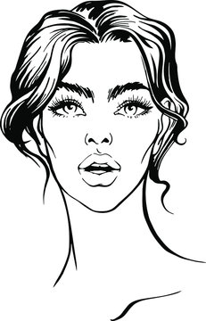 Vector hand drawn face of young beautiful woman. Linear sketch for coloring book , face chart, glamour beauty design.