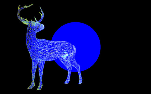 3d Render. Unusual abstract illustration. Moonlight night. Deer from the lines. Black background for your banner, flyer, blog, template, text, poster, magazine, branding, wallpaper on desktop.