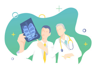 Two doctors are examining an x-ray of a lung in hospital. The concept of medical staff. Professional treatment, blue green design.